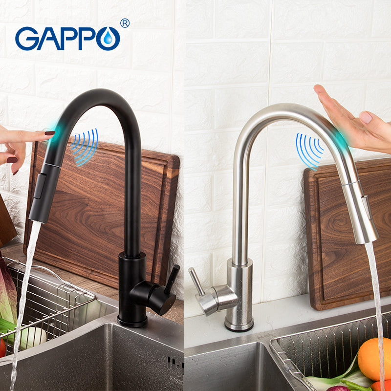 GAPPO Sensor Touch Kitchen Faucets Black Touch Inductive Sensitive Faucets Stainless Steel Mixer Tap Single Handle Dual Outlet W