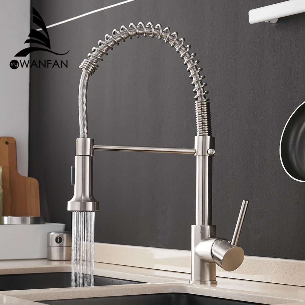 Kitchen Faucets Brush Brass Faucets for Kitchen Sink Single Lever Pull Out Spring Spout Mixers Tap Hot Cold Water Crane 9009