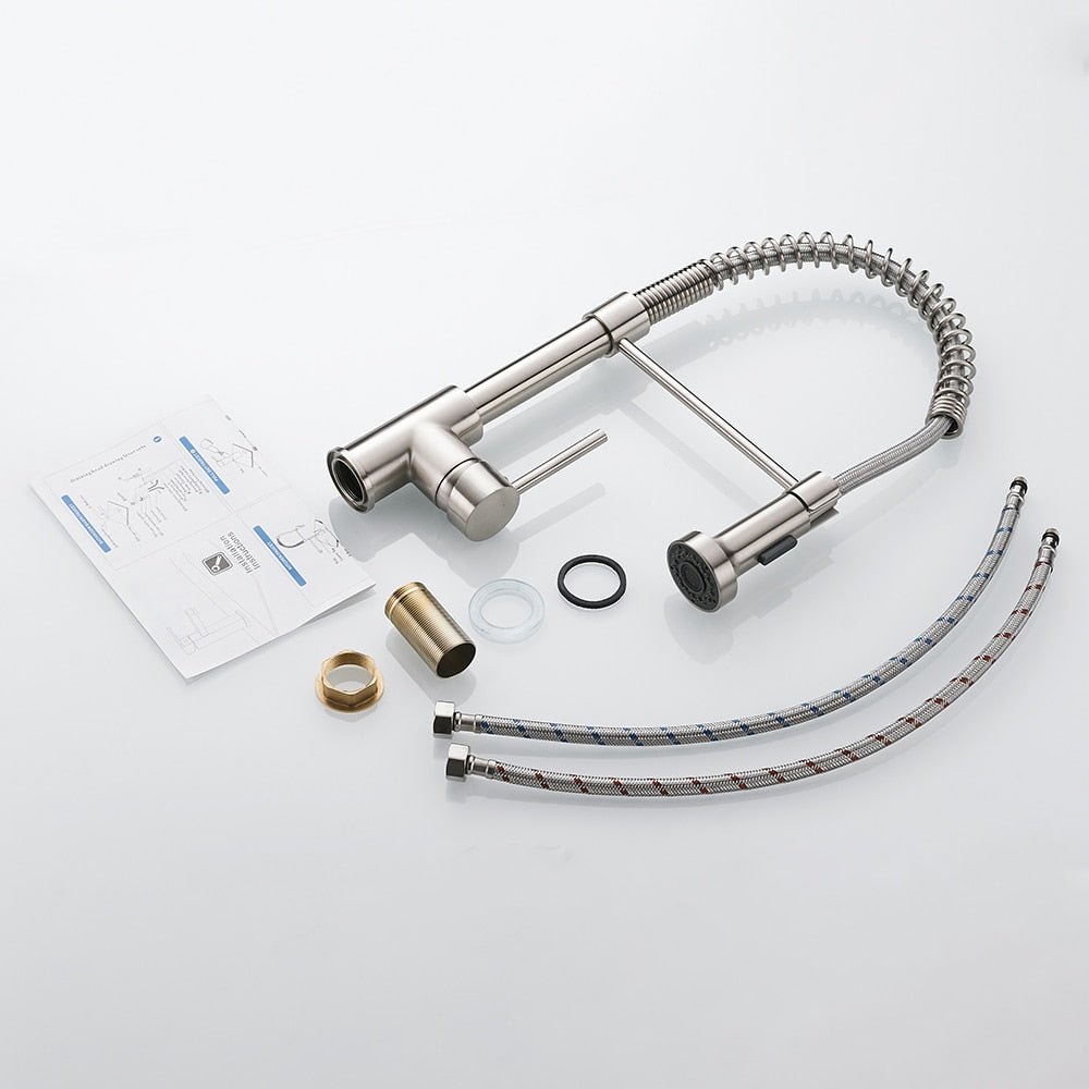 Kitchen Faucets Brush Brass Faucets for Kitchen Sink Single Lever Pull Out Spring Spout Mixers Tap Hot Cold Water Crane 9009