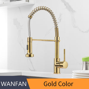 Kitchen Faucets Brush Brass Faucets for Kitchen Sink  Single Lever Pull Out Spring Spout Mixers Tap Hot Cold Water Crane 9009