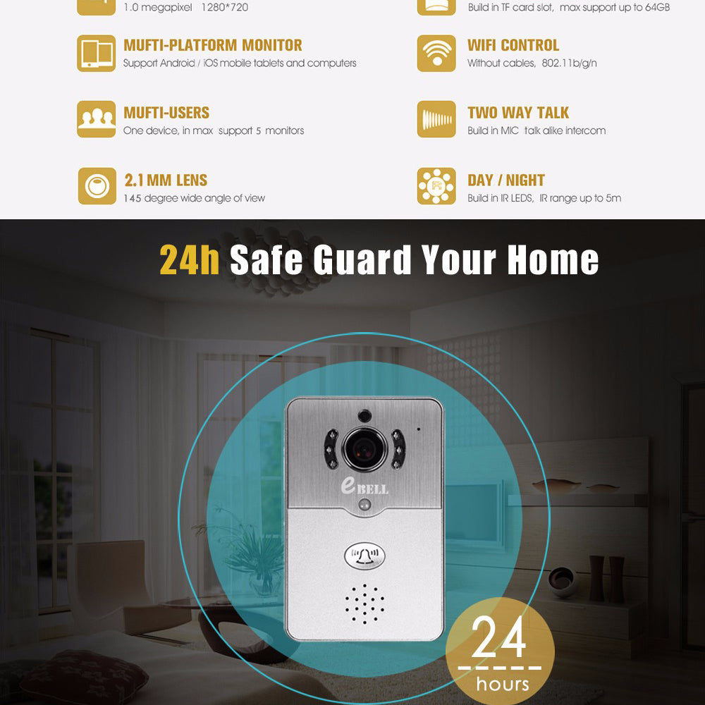 Home use Smart WIFI Wireless Doorbell Two way Video Recorder Door Phone APPs Unlock and Communication Intercom system PIR alarm