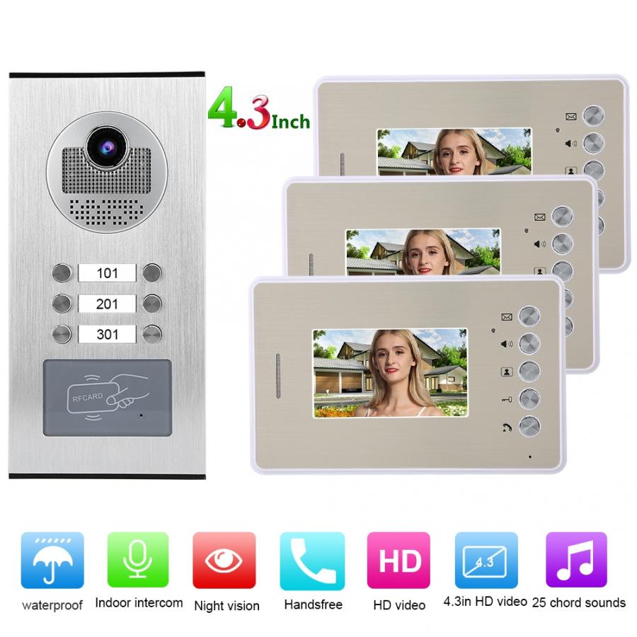 Smart Doorbell 4.3in 3 Monitors Video Intercom Night  Doorbell Intelligent Doorphone System