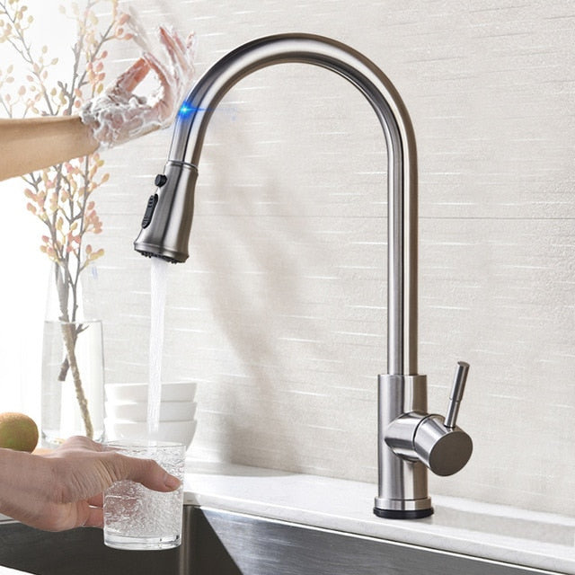 Touch Mixer Tap Senducs Pull Down Sensor Kitchen Faucet Quality Brass Touching Bathroom Basin Faucet Automatic Kitchen Faucets